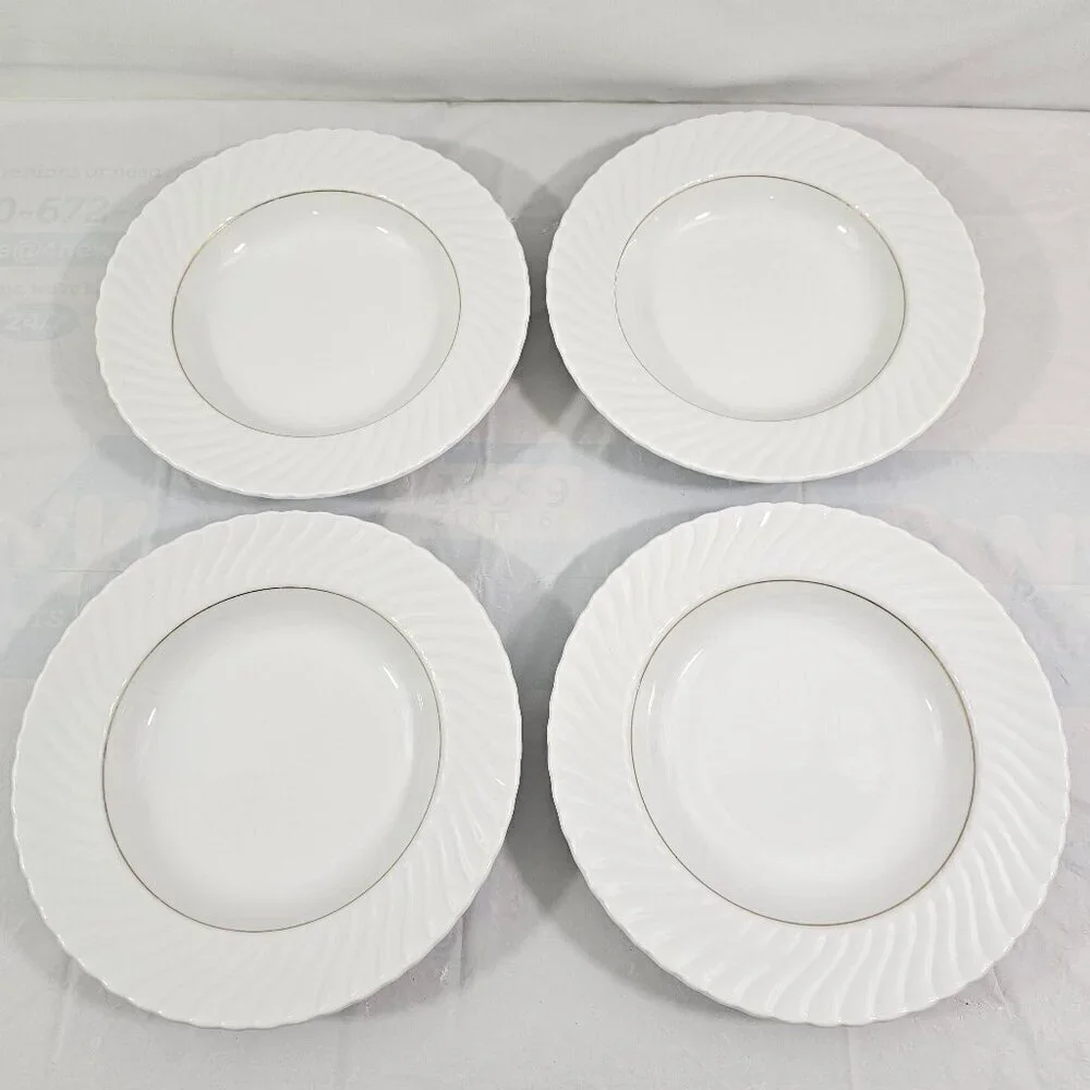 Schonwald Germany White Swirl Rimmed 9” Porcelain Salad Soup Bowls – Set of 4